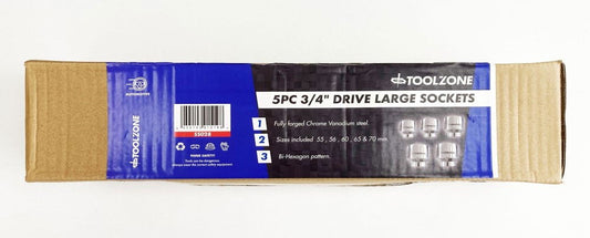 SOCKET SET 3/4" DRIVE 5pc 55mm 56mm 60mm 65mm 70mm CRV SINGLE HEX - TOOLZONE KDPSS028
