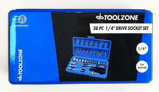 SOCKET SET 1/4" DRIVE 38pc CRV DIN3124 4-14mm PH PZ HEX STAR - TOOLZONE KDPSS032