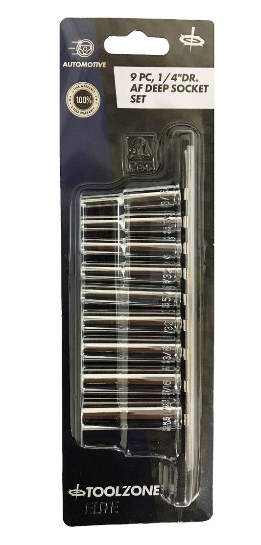 SOCKET SET 1/4" DRIVE DEEP AF 9pc 3/16-1/2" CRV POLISHED - TOOLZONE KDPSS035