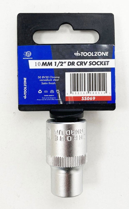 SOCKET 1/2" DRIVE 10mm CRV SATIN SINGLE HEX - TOOLZONE KDPSS069