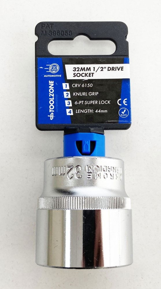 SOCKET 1/2" DRIVE 32mm CRV SATIN SINGLE HEX - TOOLZONE KDPSS088