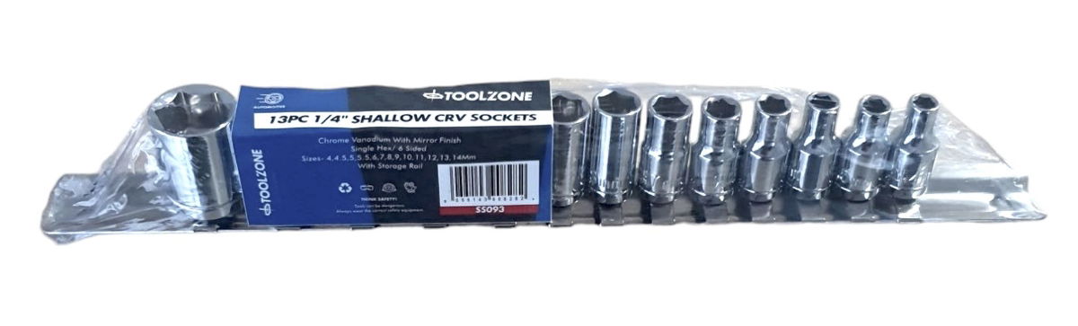 SOCKET SET 1/4" DRIVE SHALLOW CRV 13 PIECES 4-14mm SINGLE HEX - TOOLZONE KDPSS093