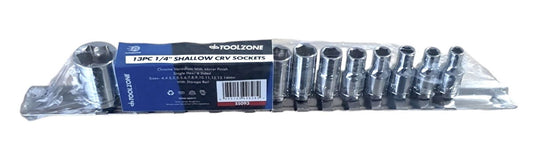 SOCKET SET 1/4" DRIVE SHALLOW CRV 13 PIECES 4-14mm SINGLE HEX - TOOLZONE KDPSS093