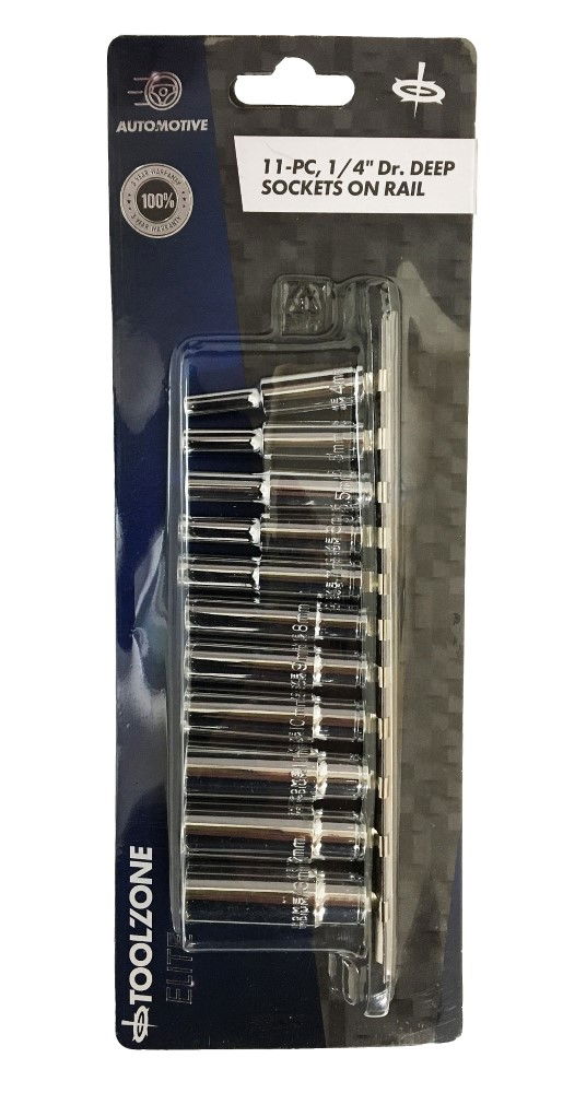 SOCKET SET 1/4" DRIVE DEEP CRV 11 PIECES 4-13mm SINGLE HEX - TOOLZONE KDPSS096