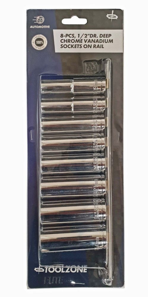 SOCKET SET 1/2" DRIVE DEEP CRV 8 PIECES 13-24mm SINGLE HEX - TOOLZONE KDPSS098