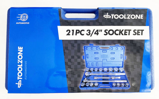 SOCKET SET 3/4" DRIVE 21 PIECES 19-50mm IN BLOW MOLD CASE - TOOLZONE KDPSS116