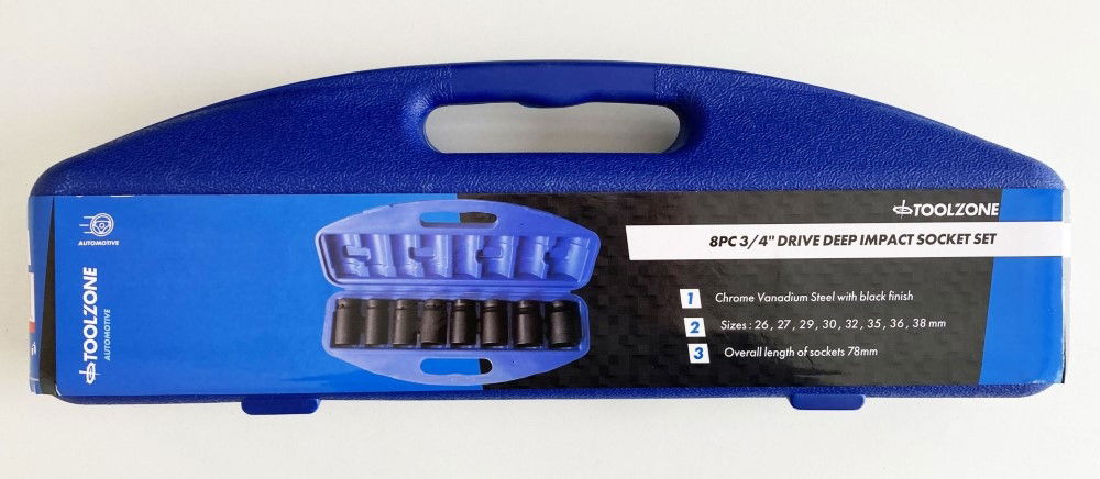 IMPACT SOCKET SET 3/4" DRIVE DEEP 8 PIECES 26-38mm - TOOLZONE KDPSS130