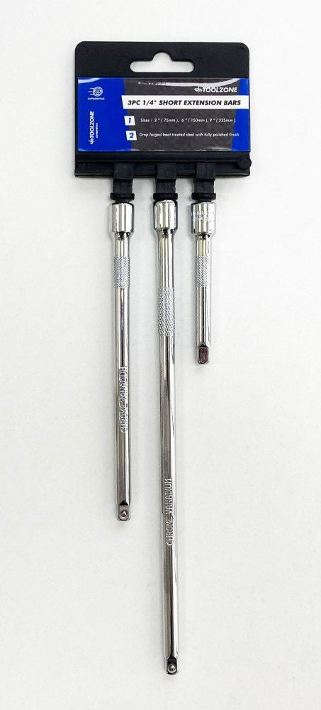 EXTENSION BAR SET 1/4" DRIVE SHORT 3 PIECES 75mm 150mm 225mm - TOOLZONE KDPSS140