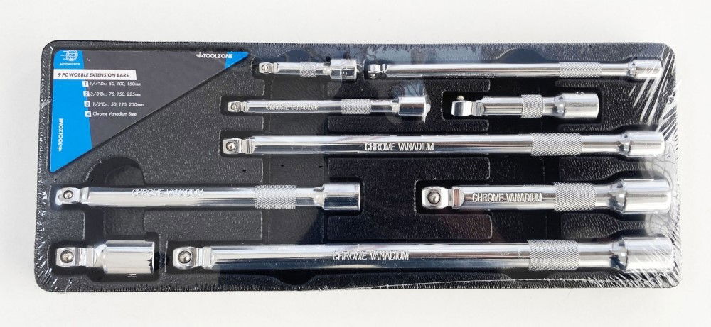 EXTENSION BAR SET WOBBLE CRV 9 PIECES 1/4" 3/8" 1/2" DRIVE - TOOLZONE KDPSS146