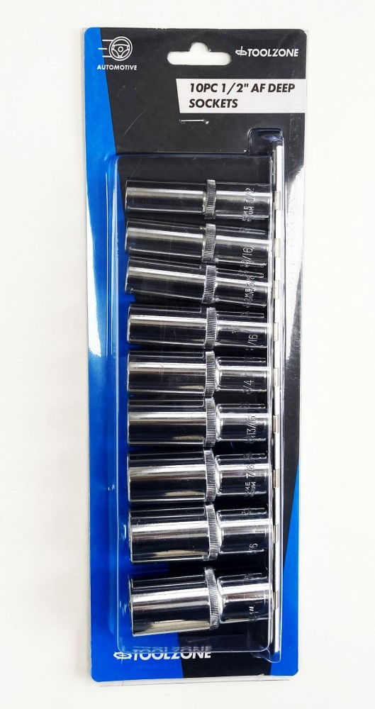 SOCKET SET DEEP 1/2" DRIVE AF 10 PIECES CRV POLISHED - TOOLZONE KDPSS219