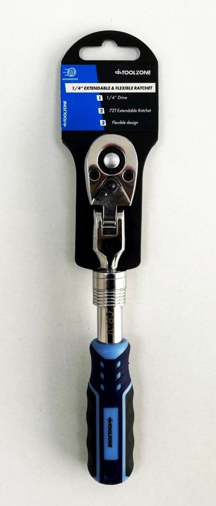 RATCHET FLEXI HEAD EXTENDABLE 1/4" DRIVE 180-230mm SOFTGRIP CRV - TOOLZONE KDPSS222