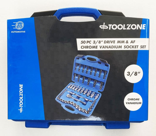 SOCKET SET 3/8" DRIVE MM AND AF 50 PIECES SHALLOW AND DEEP CRV - TOOLZONE KDPSS226
