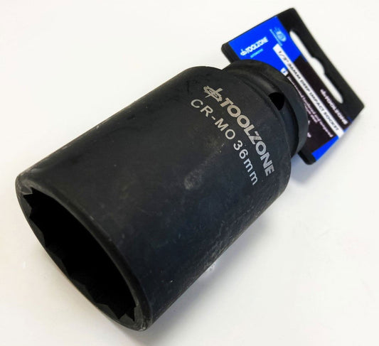 IMPACT SOCKET DEEP 1/2" DRIVE 36mm 12 POINT CR-MO 80mm BLACK PHOSPHATE - TOOLZONE KDPSS234