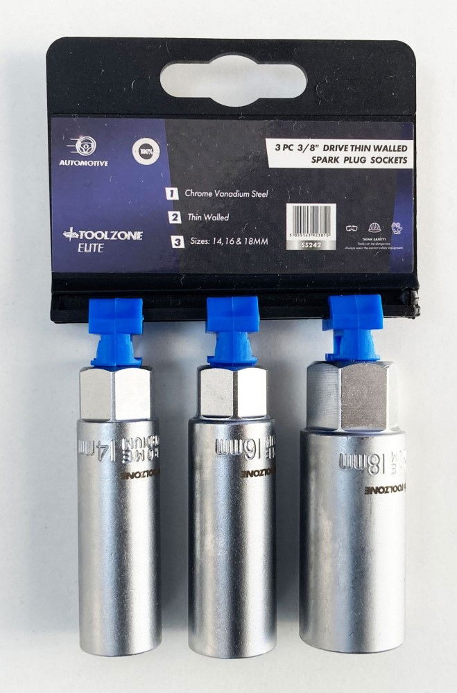 SPARK PLUG SOCKET SET 3/8" DRIVE 3 PIECES 14mm 16mm 18mm THIN WALL SATIN FINISH - TOOLZONE KDPSS242