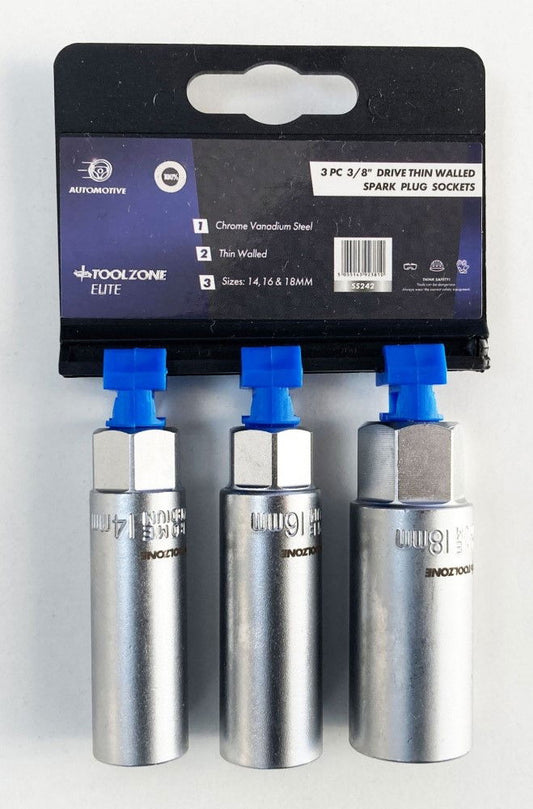 SPARK PLUG SOCKET SET 3/8" DRIVE 3 PIECES 14mm 16mm 18mm THIN WALL SATIN FINISH - TOOLZONE KDPSS242