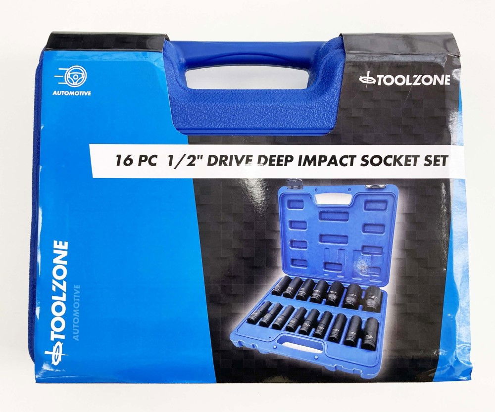 IMPACT SOCKET SET DEEP 1/2" DRIVE 16 PIECES 10mm-32mm CRV BLACK PHOSPHATE - TOOLZONE KDPSS244