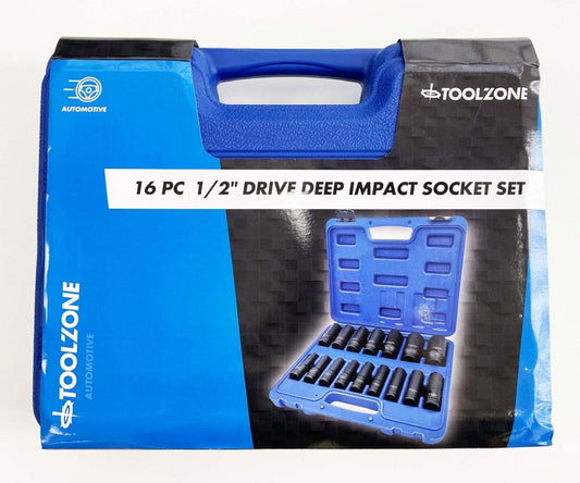 IMPACT SOCKET SET DEEP 1/2" DRIVE 16 PIECES 10mm-32mm CRV BLACK PHOSPHATE - TOOLZONE KDPSS244