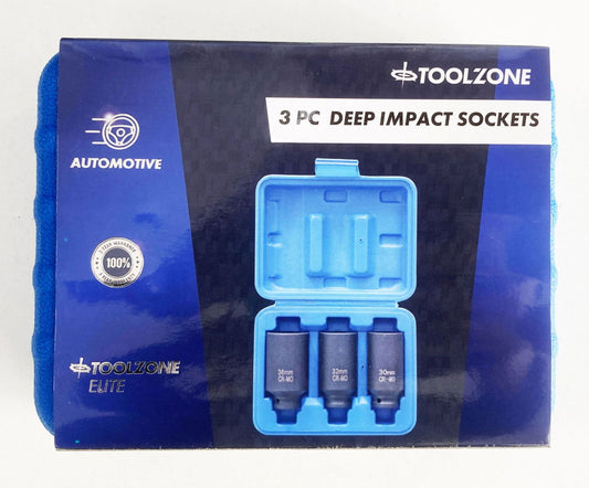 IMPACT SOCKET SET 3 PIECES 1/2" DRIVE 30mm 32mm 36mm THIN WALL BLACK FINISH - TOOLZONE KDPSS248