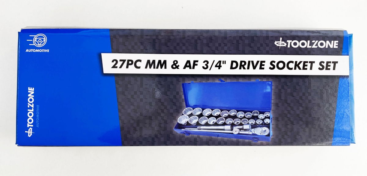 SOCKET SET 27 PIECES 3/4" DRIVE METRIC AND AF 12 POINT IN METAL CASE - TOOLZONE KDPSS259