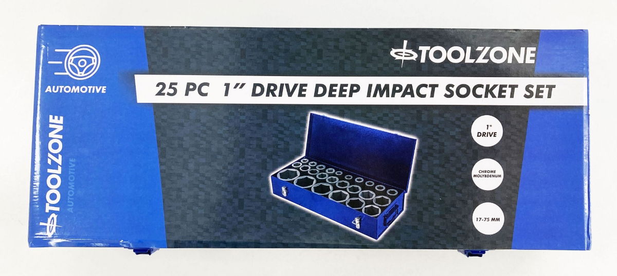 DEEP IMPACT SOCKET SET 25 PIECES 1" DRIVE 17mm-75mm CHROME MOLYBDENUM - TOOLZONE KDPSS263