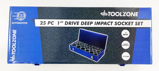 DEEP IMPACT SOCKET SET 25 PIECES 1" DRIVE 17mm-75mm CHROME MOLYBDENUM - TOOLZONE KDPSS263