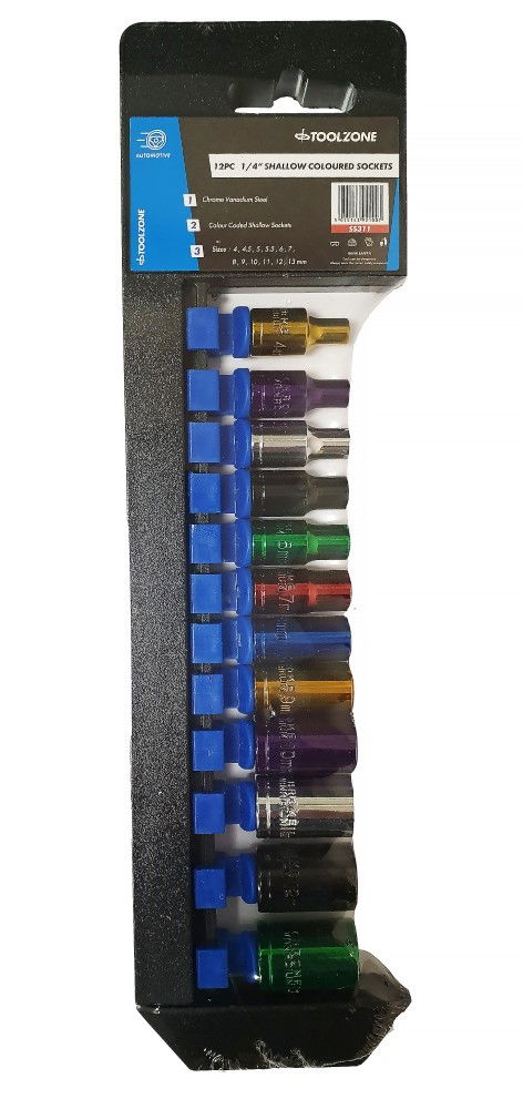 SOCKET SET 12 PIECES 1/4" DRIVE MM CRV COLOUR CODED 4mm-13mm - TOOLZONE KDPSS311