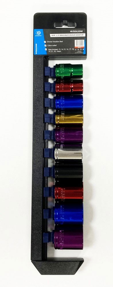SOCKET SET 10 PIECES 1/2" DRIVE MM CRV COLOUR CODED 13mm-24mm - TOOLZONE KDPSS313
