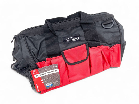 TOOL BAG 16" 28 POCKETS HARD BASE NYLON RED AND BLACK - TOOLZONE KDPTB017