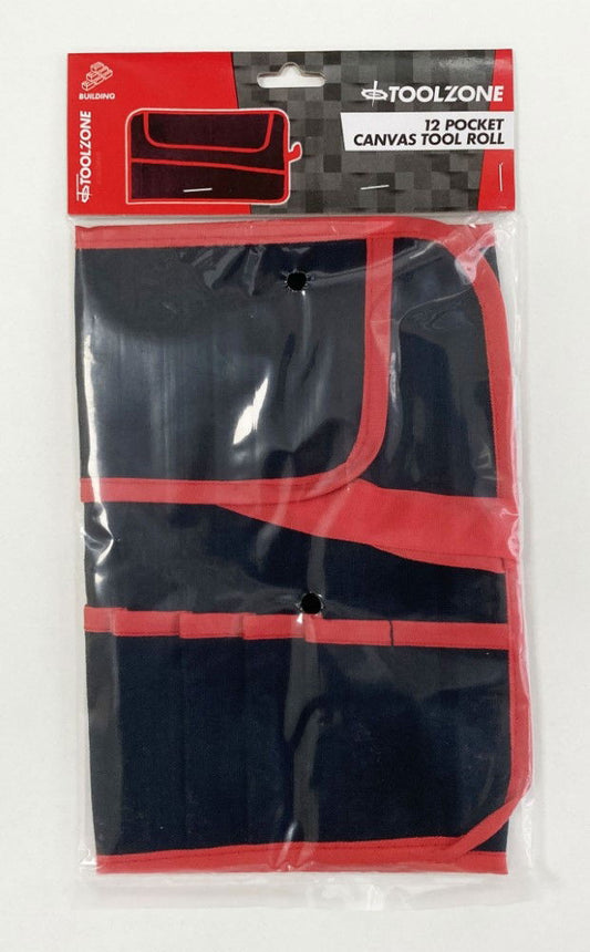 TOOL ROLL 12 POCKET CANVAS WATER RESISTANT 44x28cm RED AND BLACK - TOOLZONE KDPTB029
