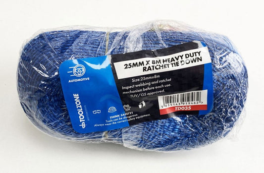 HEAVY DUTY RATCHET TIE DOWN 1" x 8m 400kg CAPACITY - TOOLZONE KDPTD035