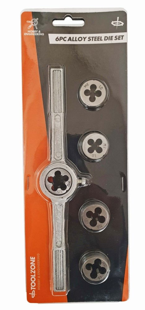 DIE SET 6 PIECE METRIC M6-M12 ALLOY STEEL WITH HOLDER - TOOLZONE KDPTP109