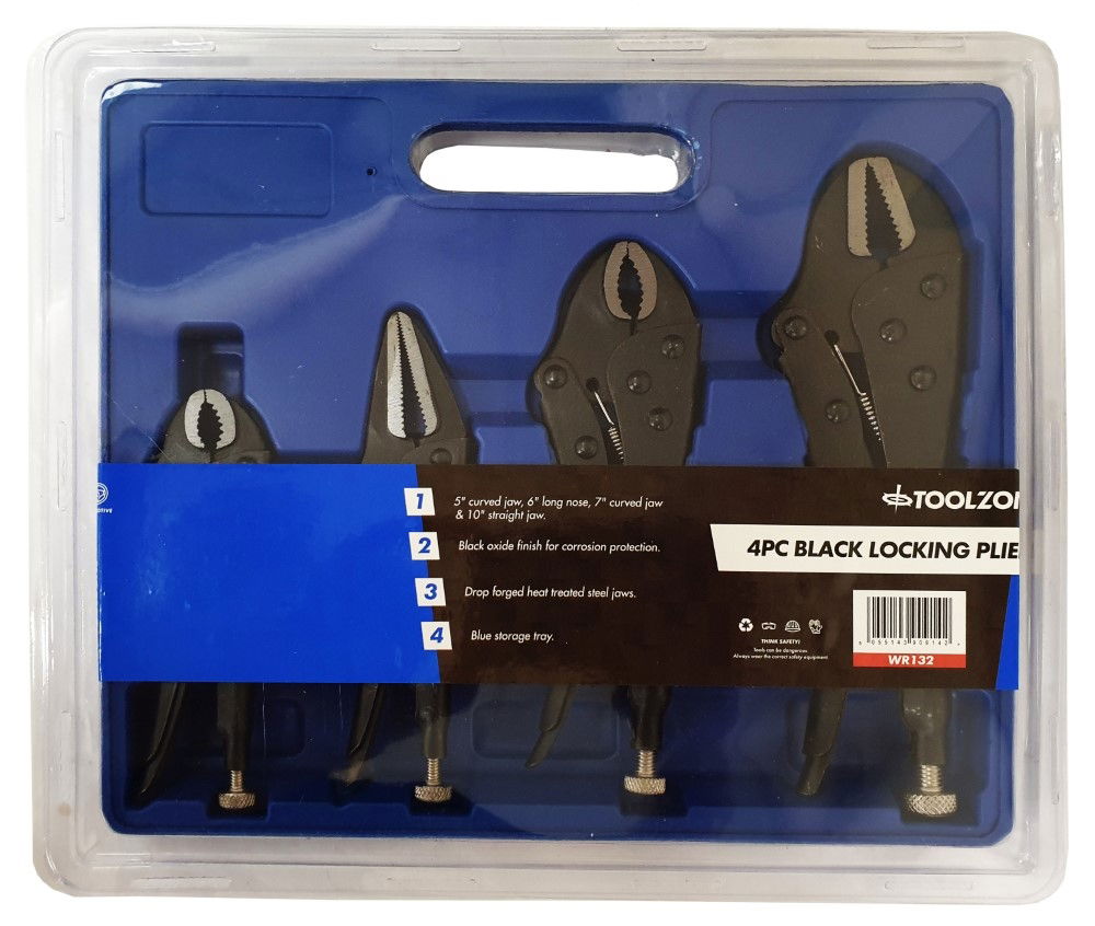 LOCK PLIERS SET BLACK 4 PIECE 5" 7" CURVED JAW 6" LONG NOSE 10" STRAIGHT JAW - TOOLZONE KDPWR132