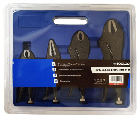 LOCK PLIERS SET BLACK 4 PIECE 5" 7" CURVED JAW 6" LONG NOSE 10" STRAIGHT JAW - TOOLZONE KDPWR132