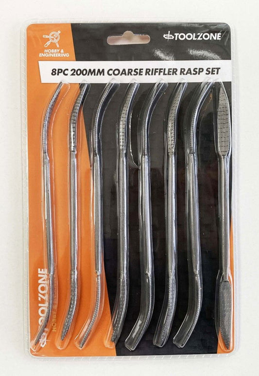 RIFFLER WOOD RASP SET 8PC 8" DOUBLE ENDED VARIOUS SHAPES WITH POUCH - TOOLZONE KDPWW098