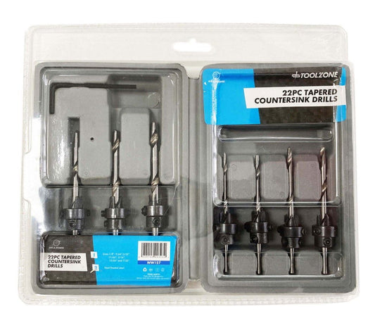 TAPERED COUNTERSINK DRILL SET 22PC HEAT-TREATED STEEL SIZES 1/8" TO 7/32" - TOOLZONE KDPWW127