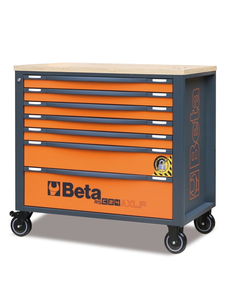 Mobile Roller Cab 7 Drawers Wood Worktop Anti-Tilt System Long Model 1100kg Capacity - Beta Tools RSC24AXLP/7-R