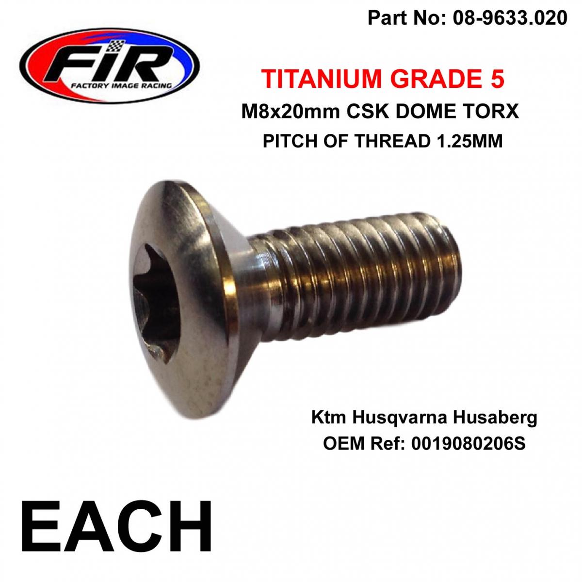 TITANIUM GR5 CSK.D TORX M8X20mm, OEM 0019080206S / EACH