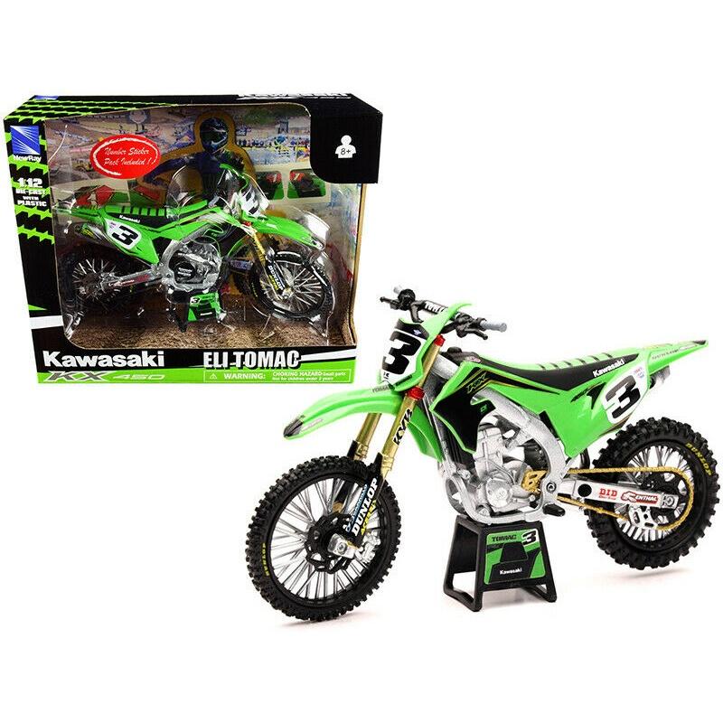 MODEL DIE CAST KAWASAKI KX 450 R, ELI TOMAC #3, GREEN & BLACK, SCALE 1:12, NEWRAY 58113