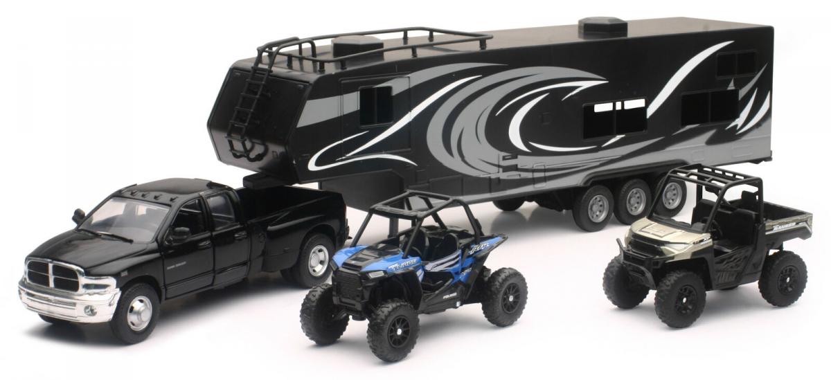 MODEL DIE CAST PICK UP HAULER, WITH POLARIS SIDE BY SIDE VEHICLES, SCALE 1:32, NEWRAY 37046