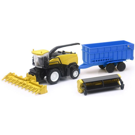 MODEL NEW HOLLAND HARVESTER RF850, AND TRAILER, BLUE & YELLOW, SCALE 1:62, NEWRAY 05003