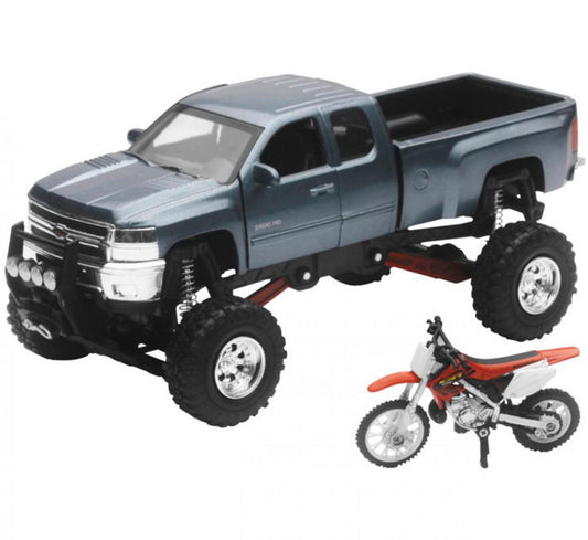 MODEL DIE CAST CHEVROLET PICK UP, WITH YAMAHA DIRT BIKE, SCALE 1:32, NEWRAY SS-54426