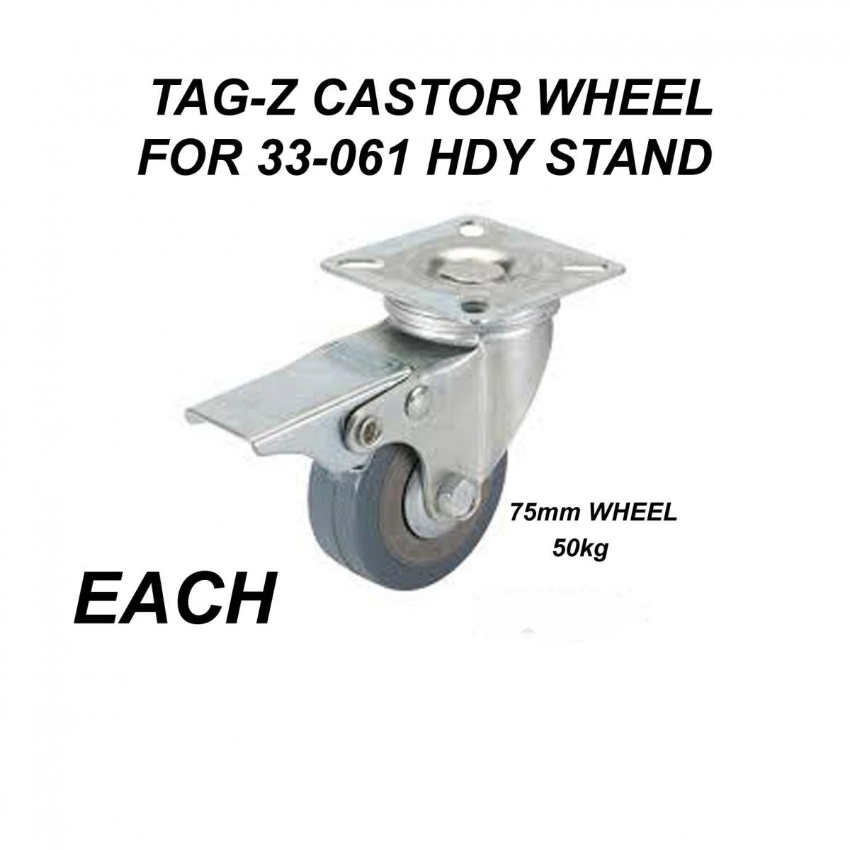 CASTOR SWIVLE WHEEL EACH 50kg, SUIT : OLD WHEEL ABOUT HYD STAND, 75MM WHEEL, SWIVEL, BRAKE