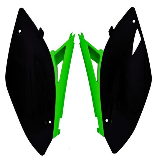 SIDE PANELS 09-10 KXF250 450, RTECH R-FIKXFNRVE29, BLACK/GREEN OEM 250