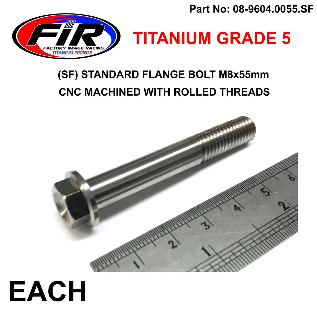 TITANIUM GR5 BOLT M8 x 55mm EACH, FLANGE OD: 14mm / HEX SIZE: 10mm,  /